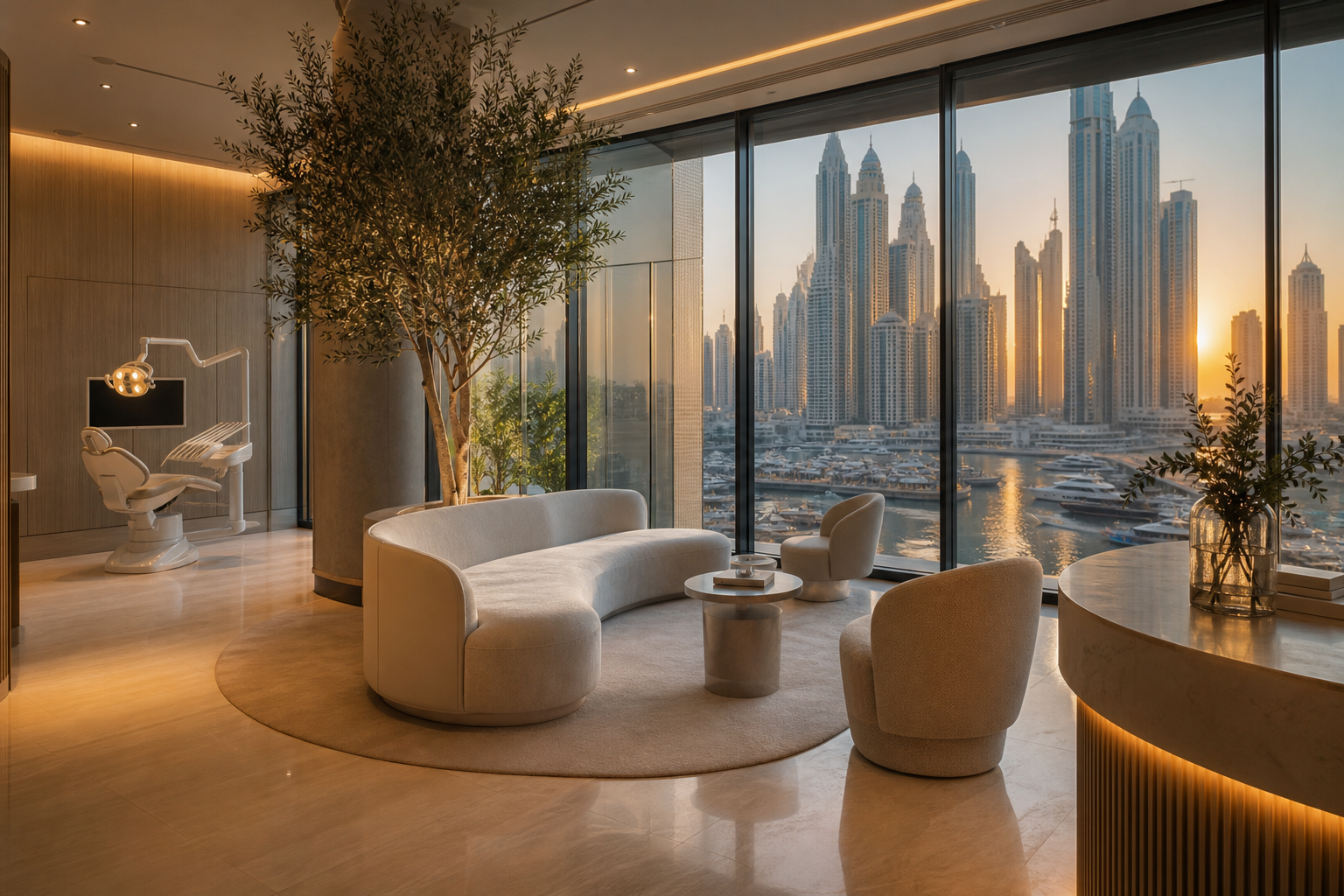 Dentamoon clinic lounge overlooking a soft Dubai skyline at golden hour