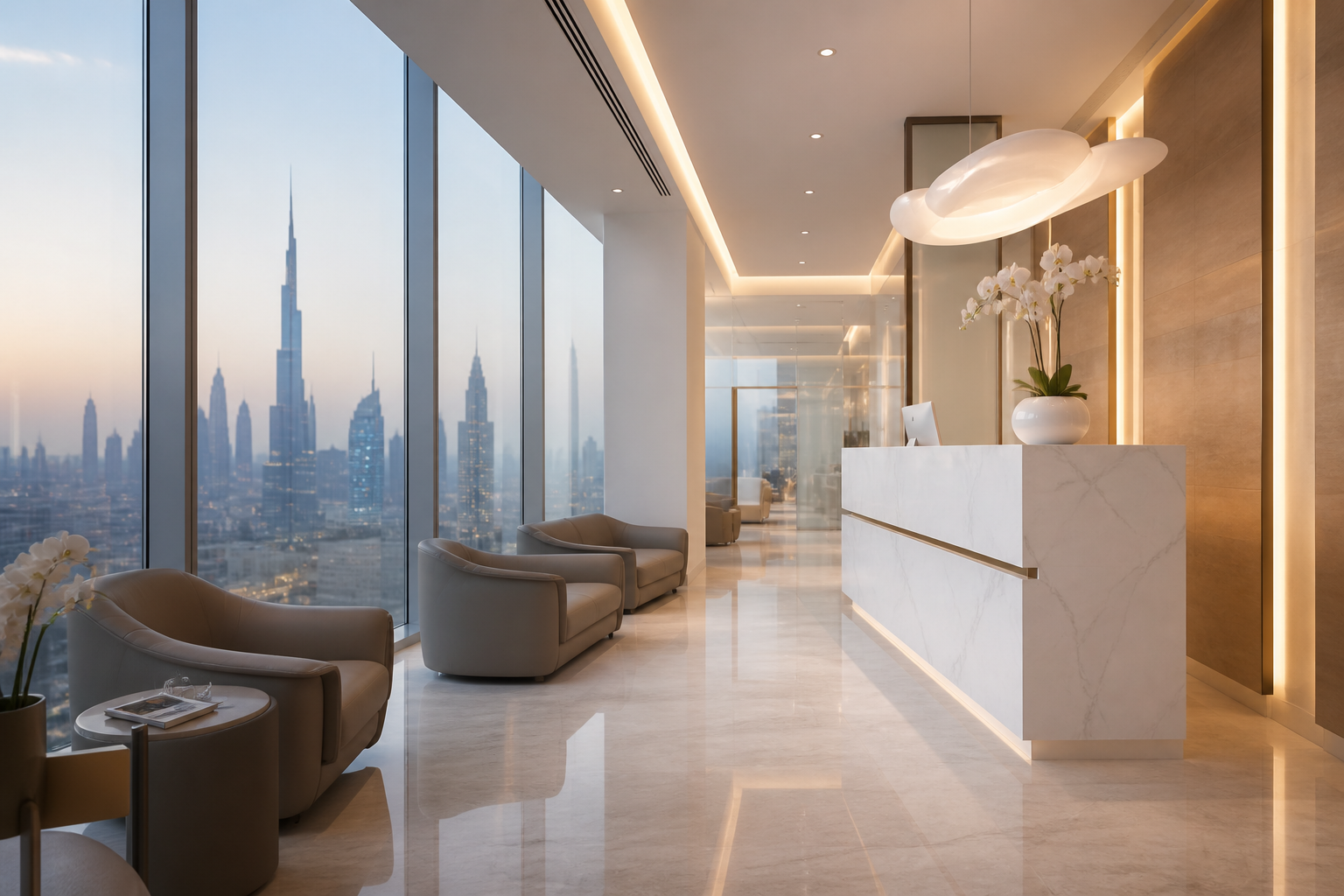 Modern Dentamoon clinic reception with limestone floors and soft daylight