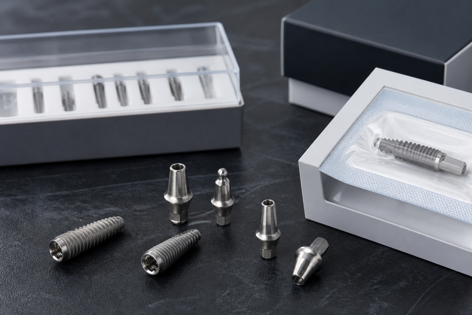 Premium titanium dental implant fixtures arranged on dark stone