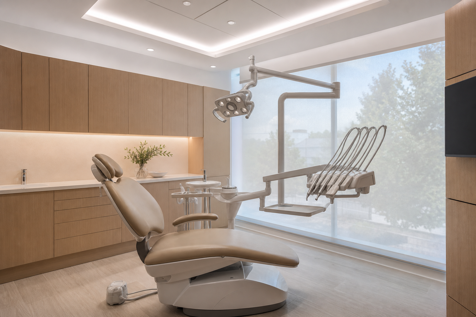 High-end dental operatory with soft LED lighting and oak cabinetry