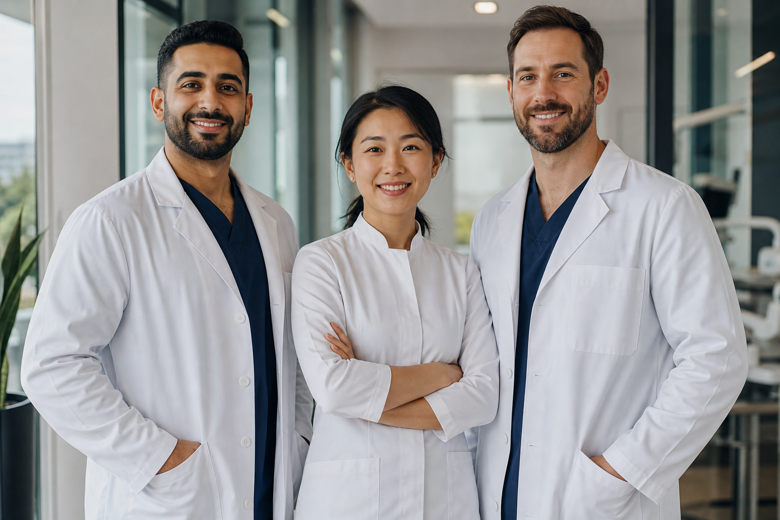 Dentamoon clinical team standing together in a bright clinic corridor